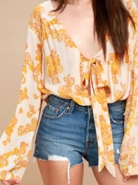 Free People Cream Blouse with Yellow Floral Tie-Front